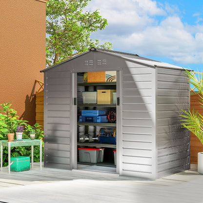 Outsunny 2,43 m tuinhuis, 213 x 131 x 192 cm, gereedschapsschuur met zadeldak, afsluitbare schuifdeur, weerbestendig, grijs