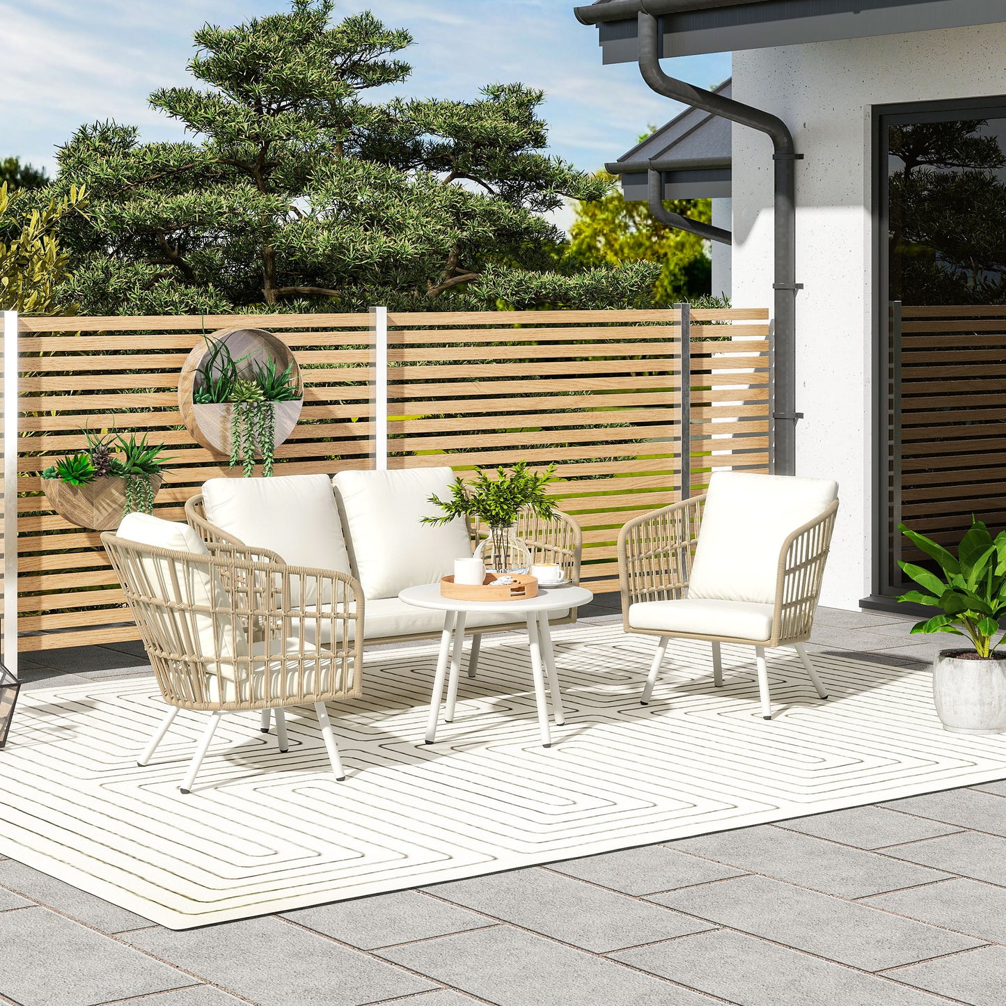 Outsunny tuinmeubelset van polyrotan loungeset met 2-zitsbank, fauteuil, tafel, kussens, weerbestendig voor 4 personen, khaki