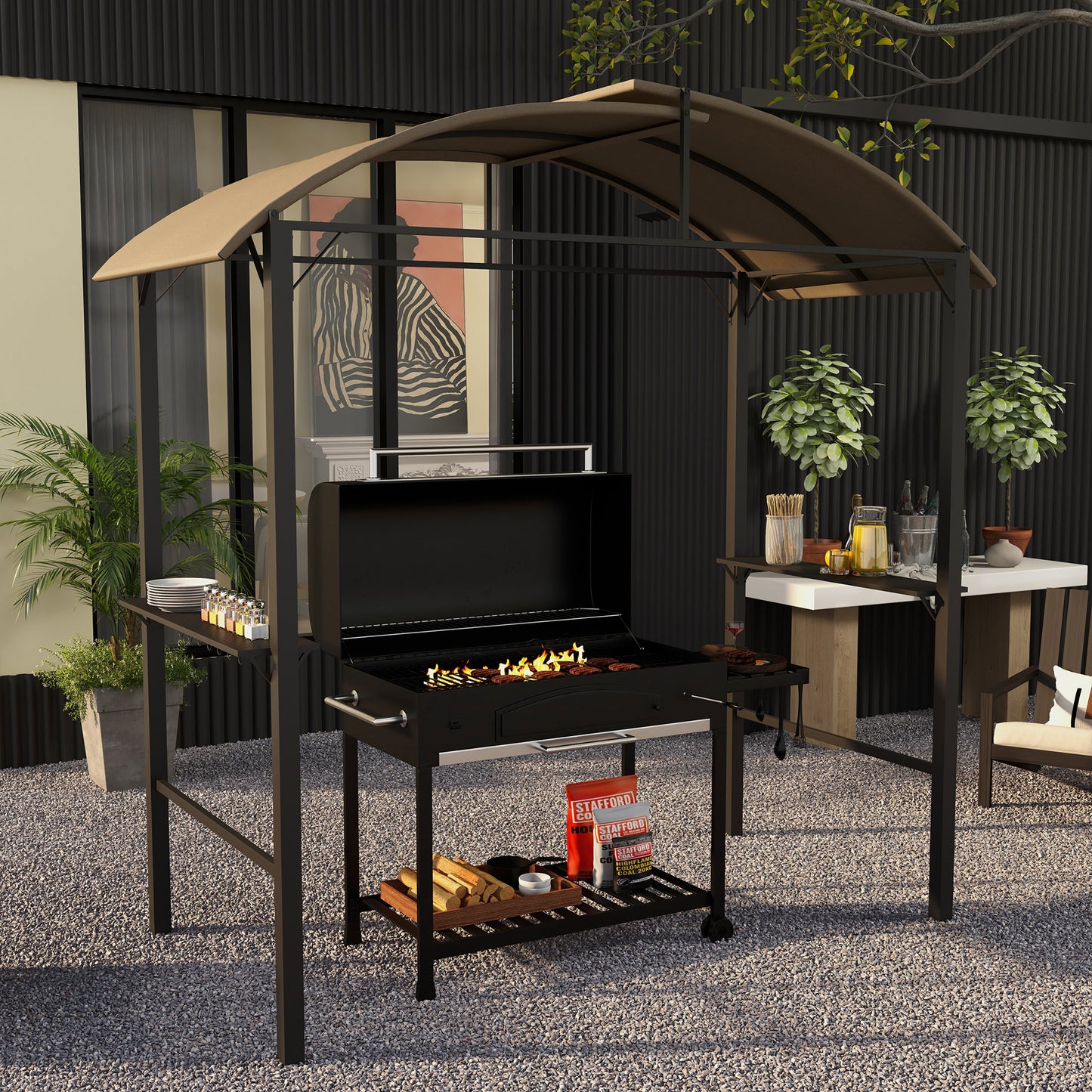 Outsunny Grill Pavilion, 2 zijplanken, haken, stalen frame, 1,1 x 2,3 m, Khaki