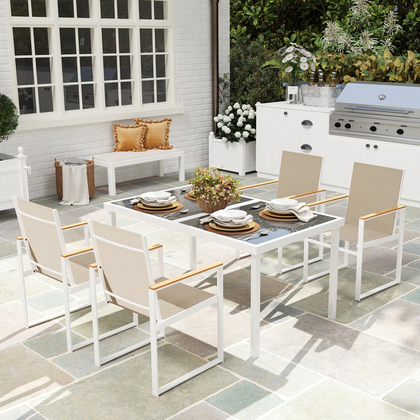 Outsunny 5-delige eetset, buitentafel van gehard glas, 4 stoelen, weerbestendig, stalen frame, tuinmeubilair, veelkleurig