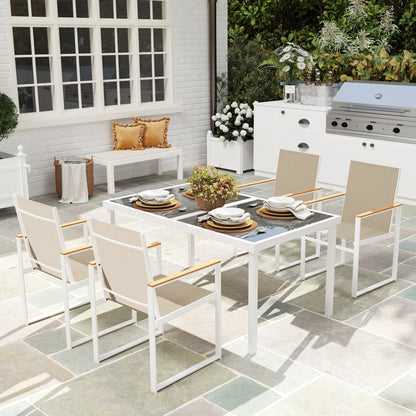 Outsunny 5-delige eetset, buitentafel van gehard glas, 4 stoelen, weerbestendig, stalen frame, tuinmeubilair, veelkleurig