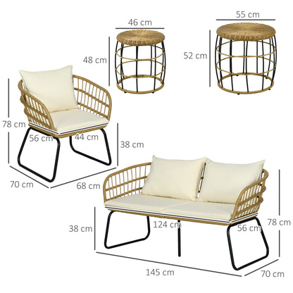 Outsunny rotan loungeset, tuinset, boho-stijl, 5-delige set, 145 x 70 x 78 cm, crème + naturel + zwart