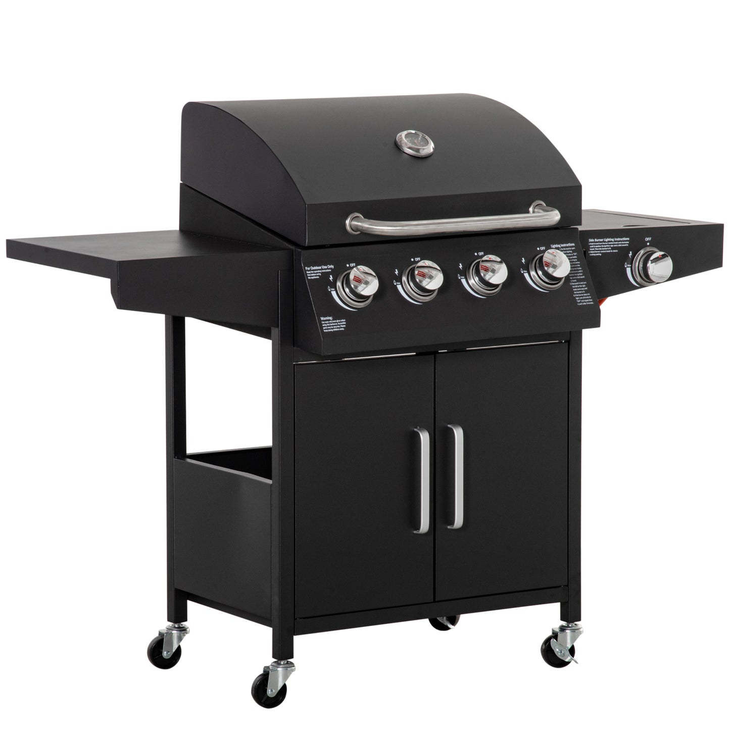 Outsunny gasbarbecue met 3 branders, 3 kW per stuk, mobiele grillwagen met 4 wielen, grillrooster, zijtafels, drukregelaar, slangen, kast, multifunctioneel, metaal, zwart, 132,4 cm x 55 cm x 109 cm