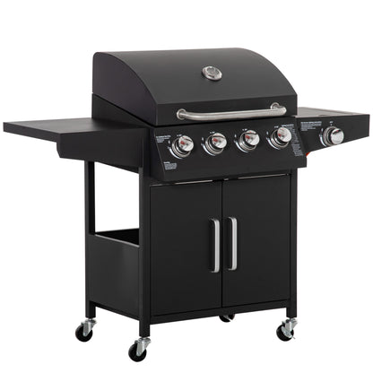 Outsunny gasbarbecue met 3 branders, 3 kW per stuk, mobiele grillwagen met 4 wielen, grillrooster, zijtafels, drukregelaar, slangen, kast, multifunctioneel, metaal, zwart, 132,4 cm x 55 cm x 109 cm