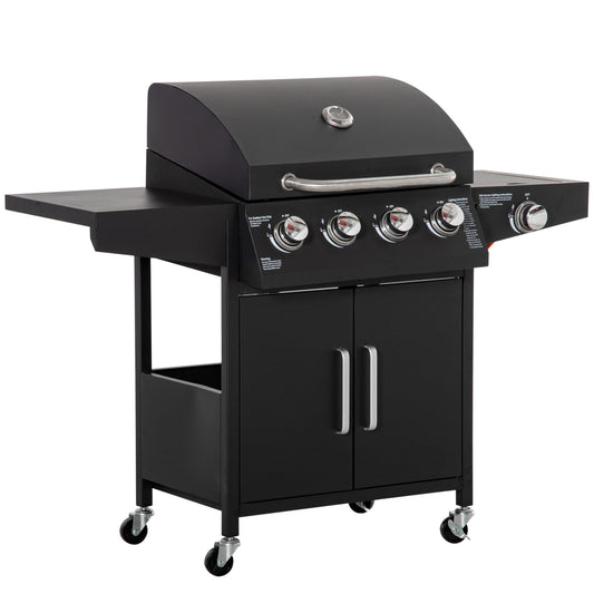 Outsunny gasbarbecue met 3 branders, 3 kW per stuk, mobiele grillwagen met 4 wielen, grillrooster, zijtafels, drukregelaar, slangen, kast, multifunctioneel, metaal, zwart, 132,4 cm x 55 cm x 109 cm