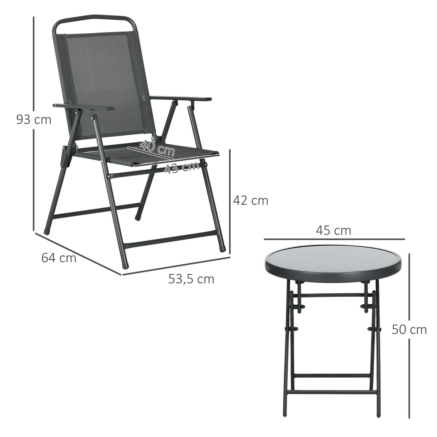 Outsunny Bistroset, 3-delige, metalen, weerbestendige tuinmeubelset met opvouwbare glazen tafel en tuinstoelen, donkergrijs