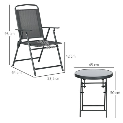 Outsunny Bistroset, 3-delige, metalen, weerbestendige tuinmeubelset met opvouwbare glazen tafel en tuinstoelen, donkergrijs
