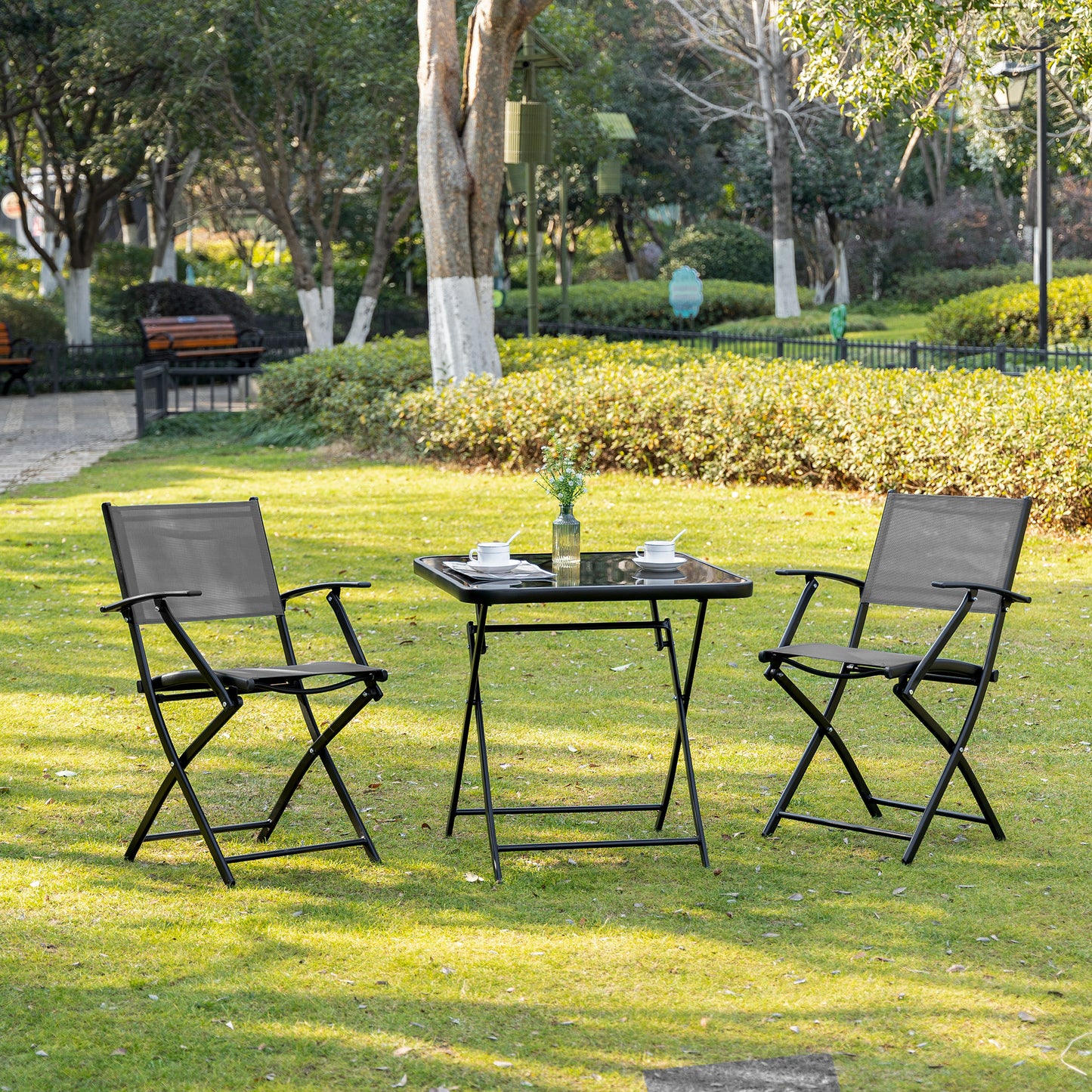 Outsunny Opvouwbare balkonzitset voor 2 personen, 1 tafel + 2 stoelen, tuinmeubelset, metalen gaas, zwart + grijs