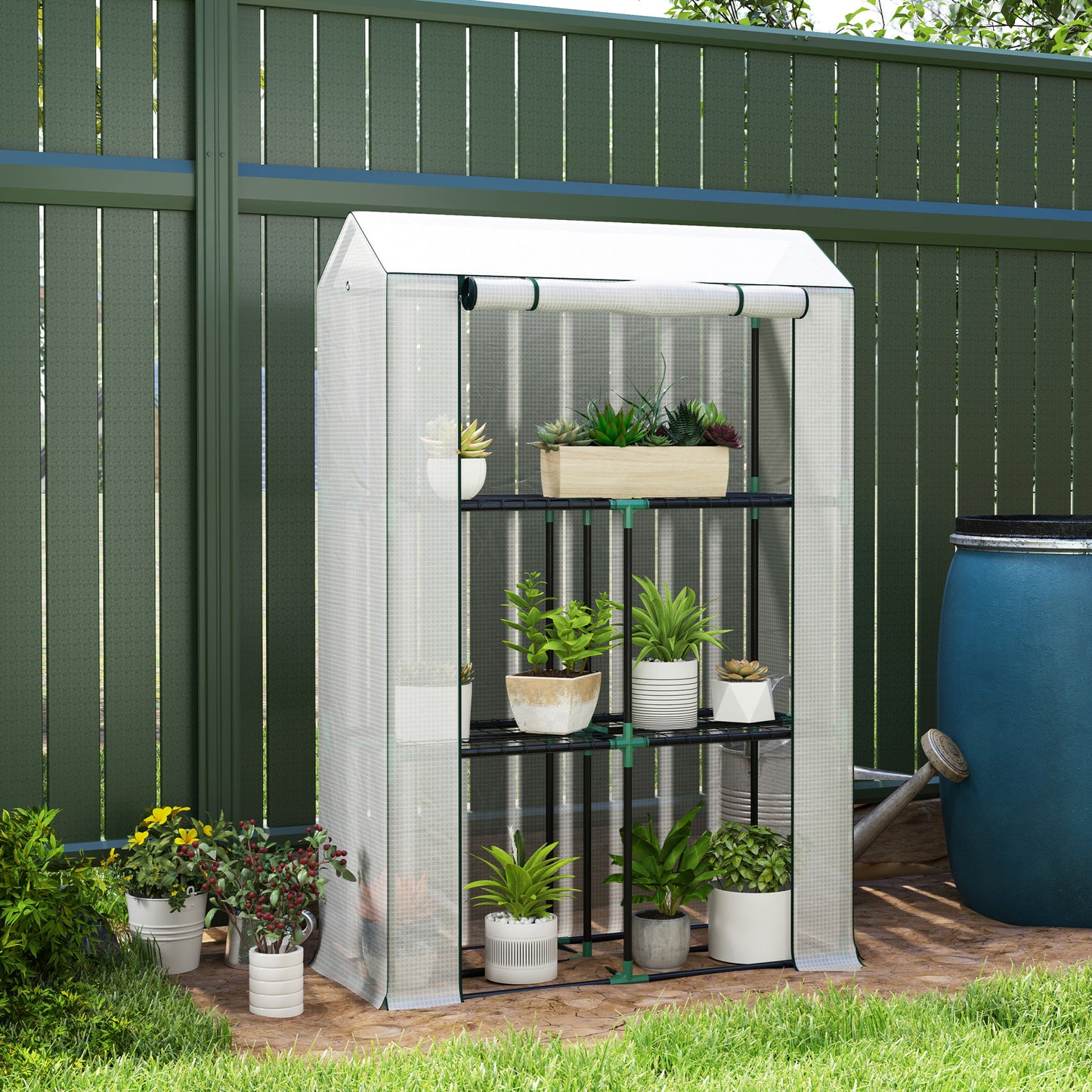 Kas Outsunny met 3-laags schap, UV-bestendige kunststof afdekking, roldeur, 100 x 40 x 150 cm, wit