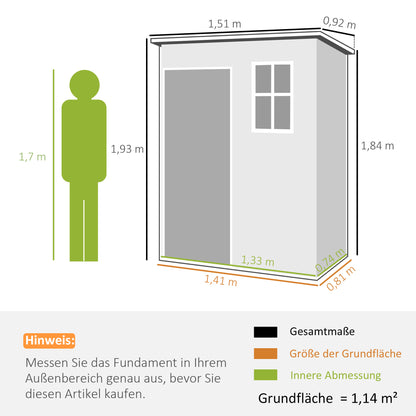 Outsunny kunststof tuinhuis 1,14 m² 151 x 92 x 193 cm gereedschapsschuur met lessenaarsdak, vloer, raam, grijs
