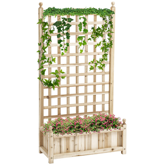 Outsunny verhoogde plantenbak met trellis, bloembak, klimplantbak, rozenboog met ondersteuning voor klimplanten, tuinhout, natuurlijk, 64 x 28 x 120 cm