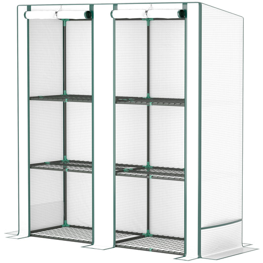 Outsunny Mini-kas met 3-laags plank, kunststof deksel, uv-bestendig, draagbaar, roldeur, 144 x 48 x 152 cm, wit