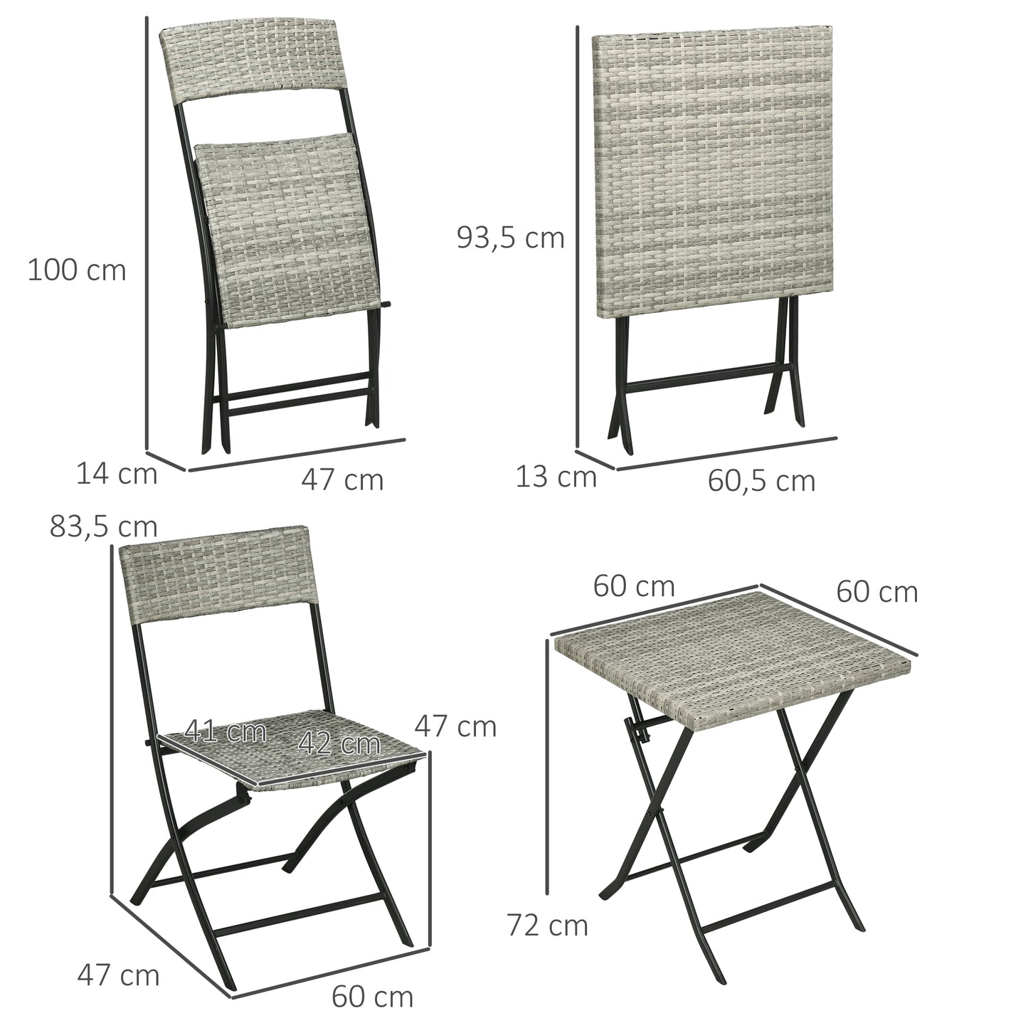 Outsunny 3-delige tuinset, 2 klapstoelen, 1 klaptafel, rotanlook, metalen frame, lichtgrijs