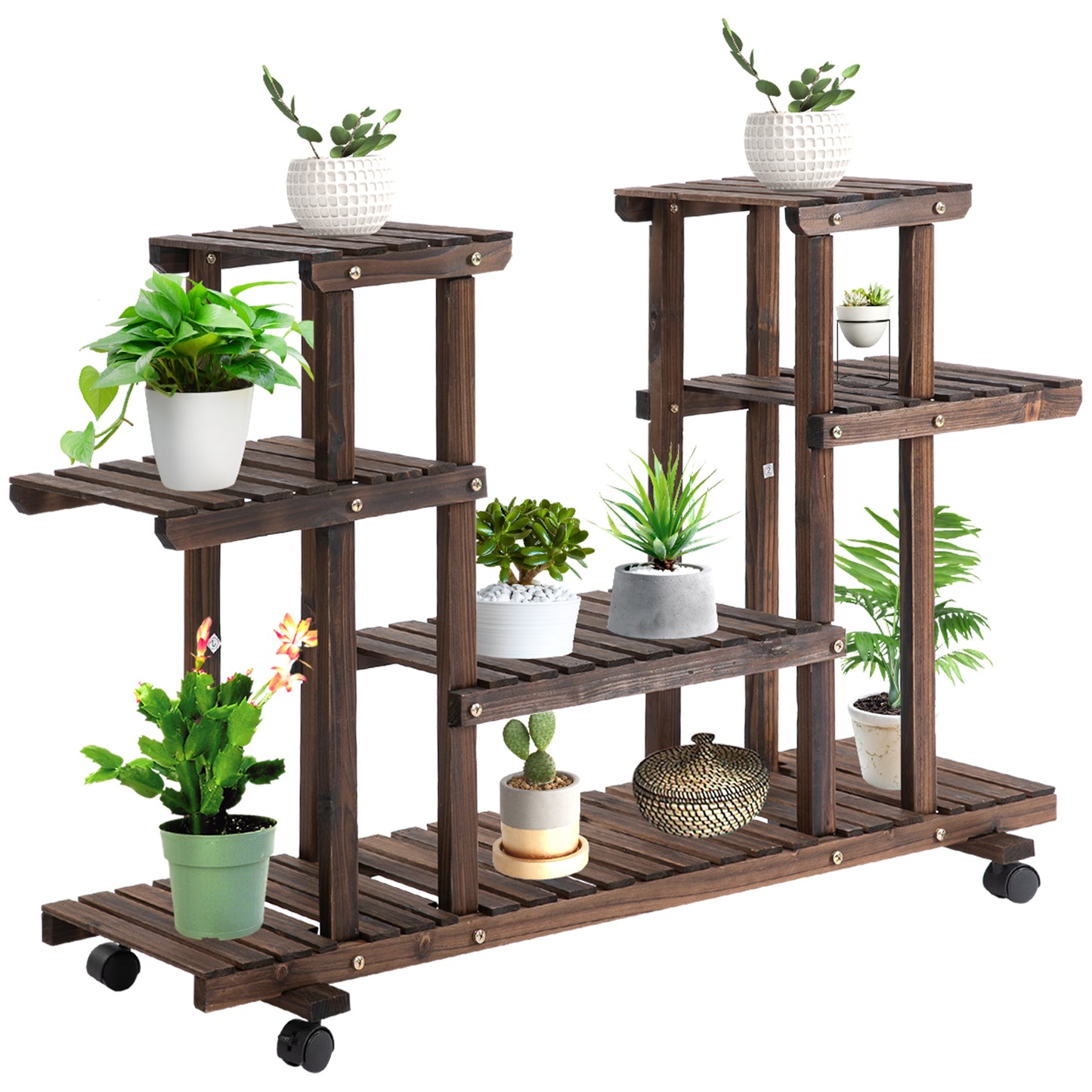 Outsunny plantenstandaard met 6 planken en 4 wielen, 123,5 cm × 33 cm × 80 cm, massief hout, bruin