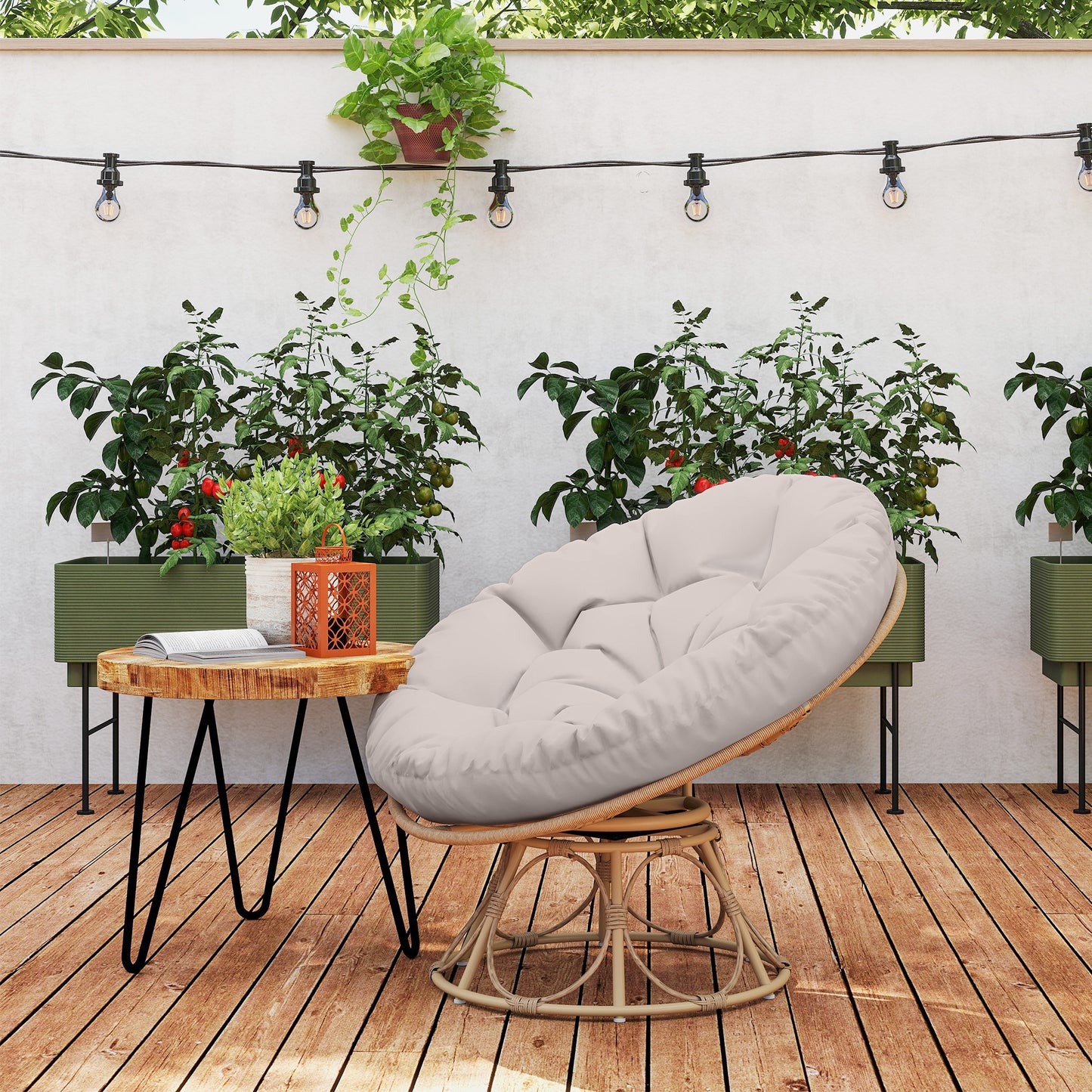 Outsunny Papasan stoel, rotan, 360° draaibare rieten stoel met zitkussen, rond voor buiten
