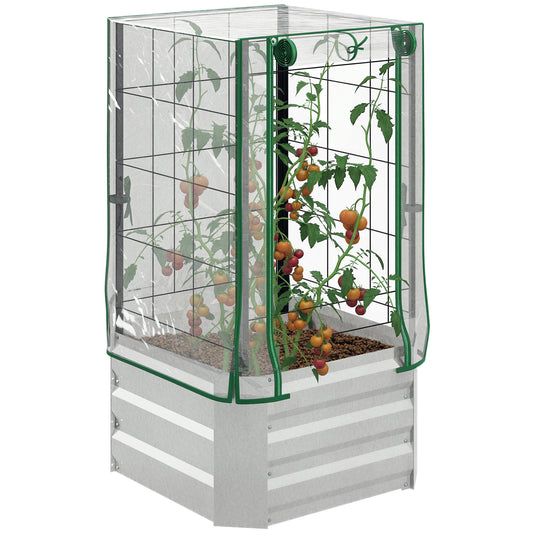 Outsunny Verhoogd Tuinbed, Kas, 3-delige Set, met Trellis, Kunststof Afdekking, 53 x 53 x 90 cm