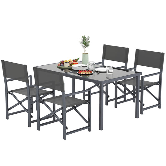 Outsunny 5-delige eetset, staal, voor 4 personen, eettafel met 4 klapstoelen, glazen tafel, grijs