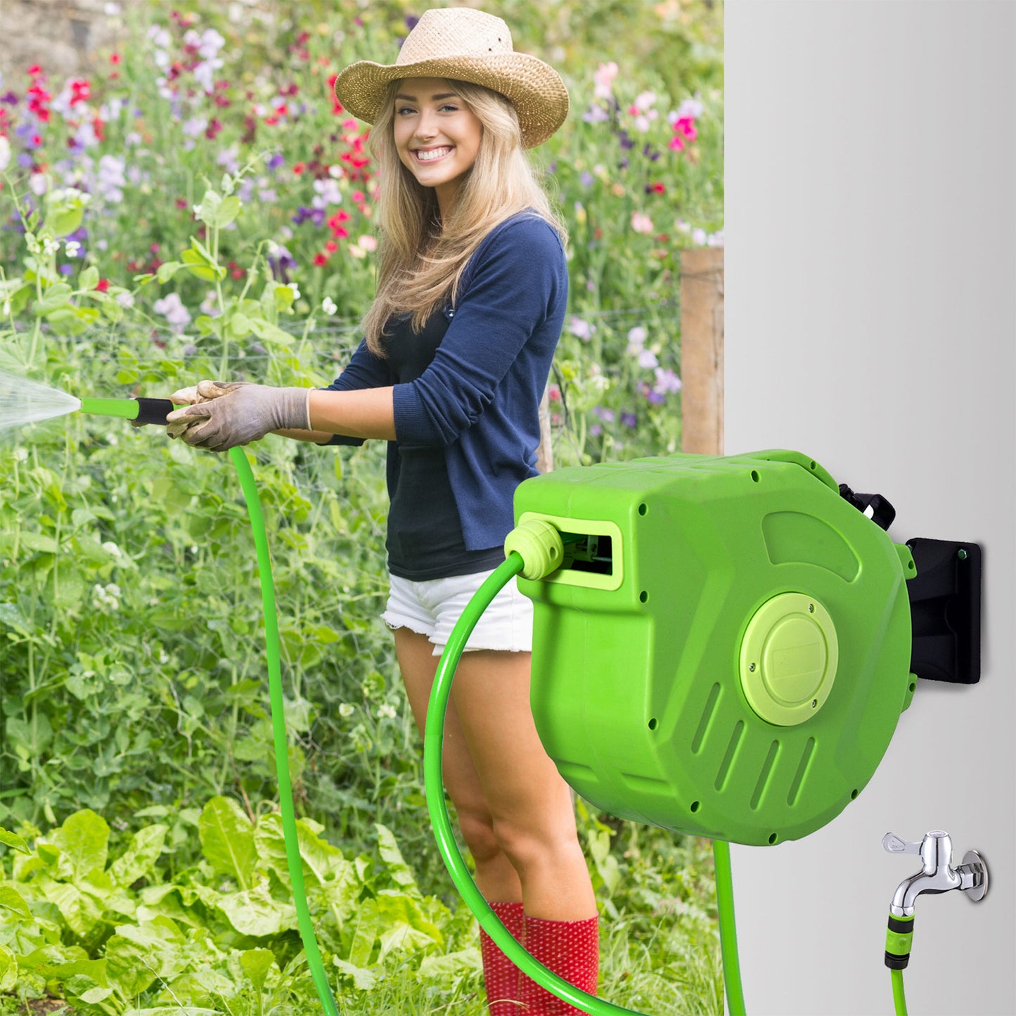 Outsunny slanghaspel 15+1,5m automatisch draaibare luchtslanghaspel voor tuingebruik, 180° draaibaar, groen