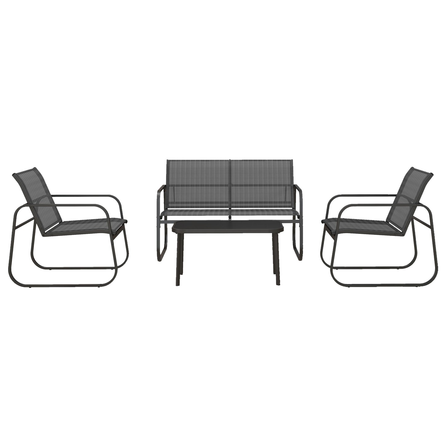 Outsunny 4-delige tuinmeubelset, 2 fauteuils, 2-zitsbank, tafel met glazen blad, ademende stof, metalen frame, zwart