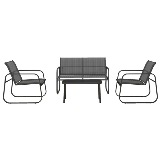 Outsunny 4-delige tuinmeubelset, 2 fauteuils, 2-zitsbank, tafel met glazen blad, ademende stof, metalen frame, zwart