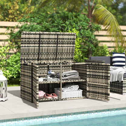 Outsunny Rattan Opbergbox 350L 2-laags Kussenbox met Deksel, Hefstangen, Handgrepen, 118 x 57 x 69 cm, Gemengd Grijs