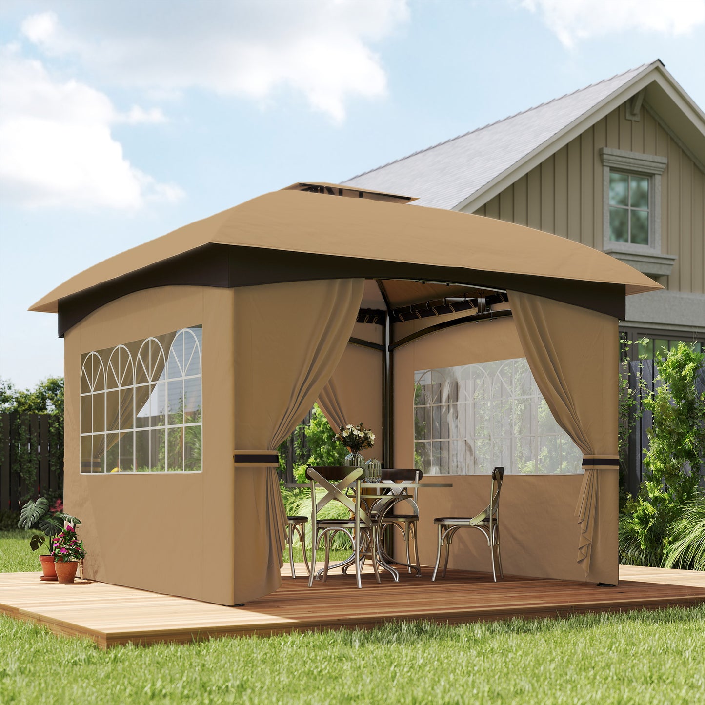 Outsunny 3,4 x 3,4 m tuinpaviljoen, biertent met geventileerd dak, boogramen, stalen frame, beige