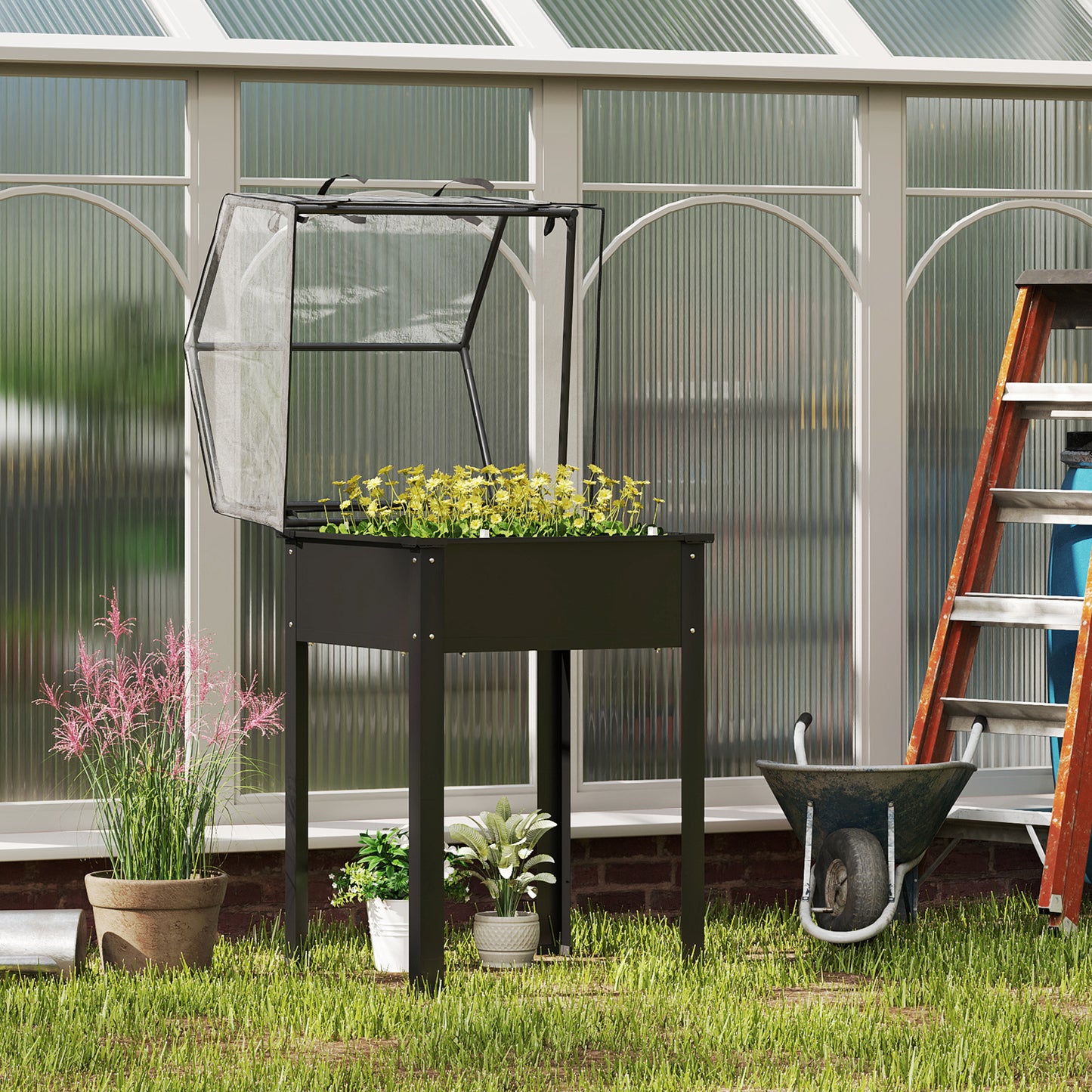 Outsunny Verhoogd Bed met Kasdak, Verhoogde Plantenbak met Afwateringsgaten, 60 x 60 x 120 cm, Zwart