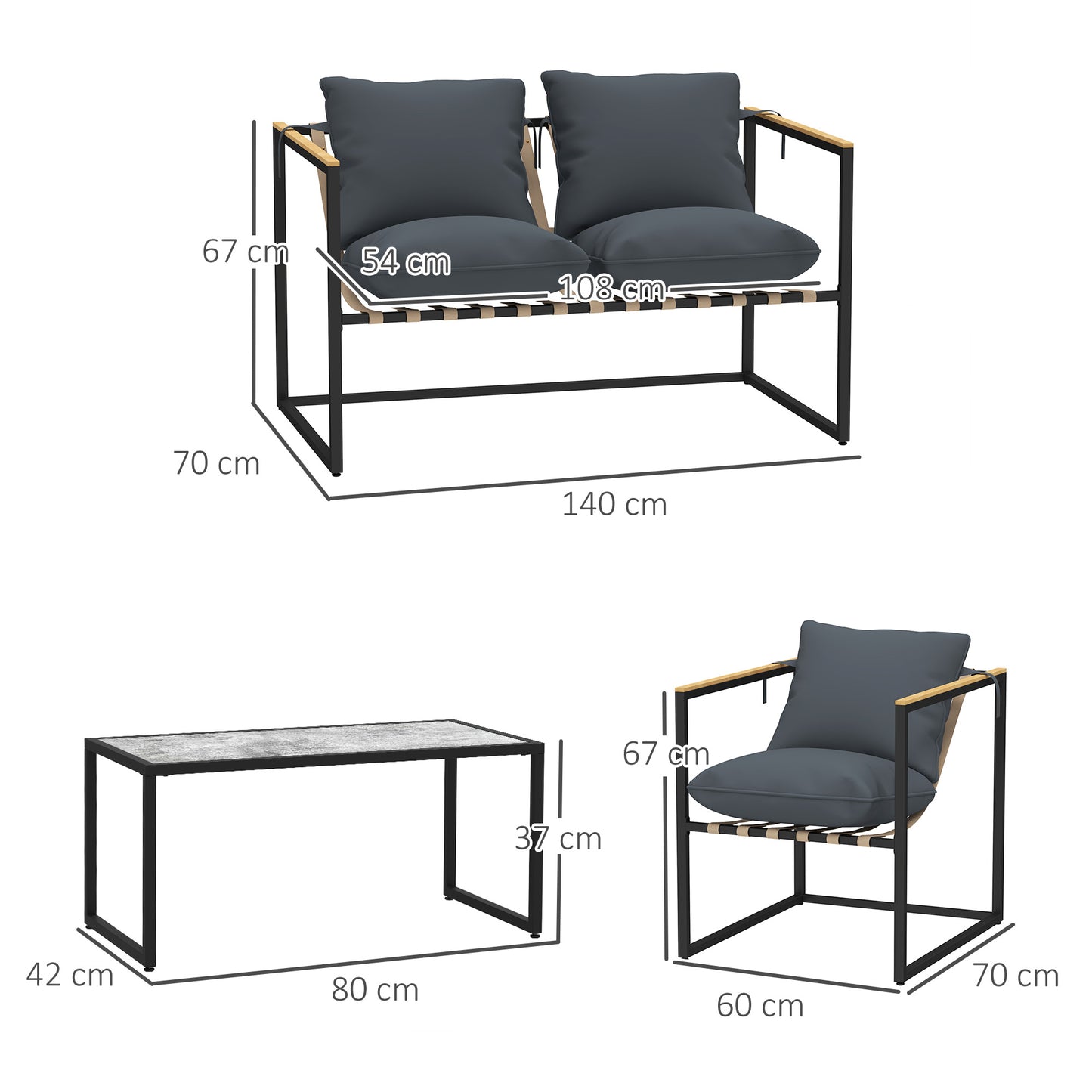 Outsunny 4-delige tuinmeubelset, tuinset, 2 fauteuils, 2-zitsbank, 1 tafel, gestoffeerd, staal, polyester, grijs