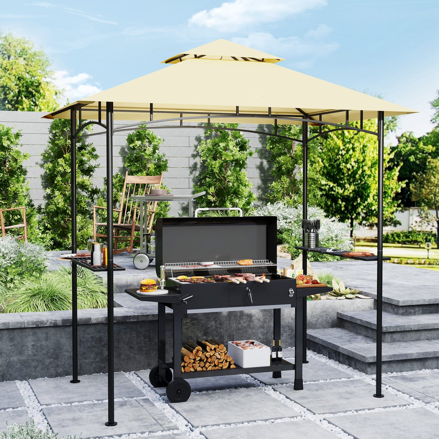 Outsunny Grillpaviljoen met LED-verlichting, 240 x 150 x 258 cm, waterafstotend, vlamvertragend tuinpaviljoen met dubbellaags dak