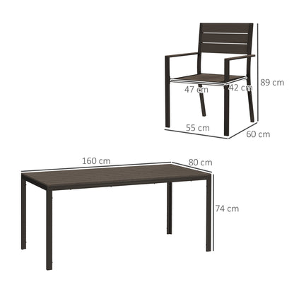 Outsunny 7-delige eetset voor 6 personen, eettafel met 6 stoelen, gleuftafel, donkerbruin