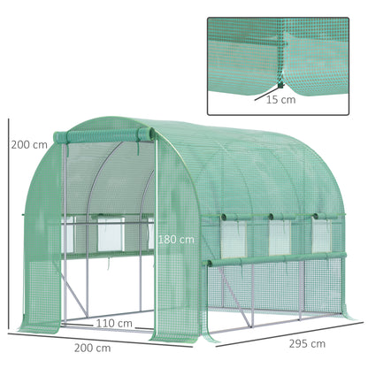 Outsunny polytunnelkas, 6 rolramen, ritsdeur, RVS frame, 2,95 x 2 x 2 m, groen