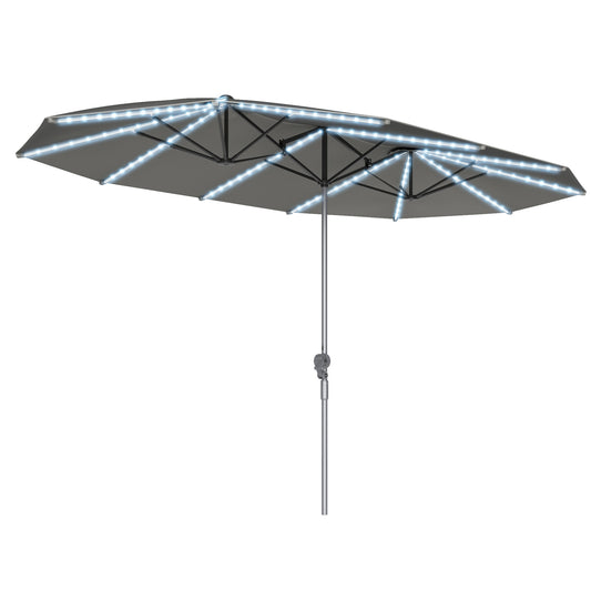 Outsunny Dubbele Parasol met Solarverlichting, Aluminium, Polyester, UPF50+ Bescherming, UV-bestendig, Patio Parasol, Donkergrijs