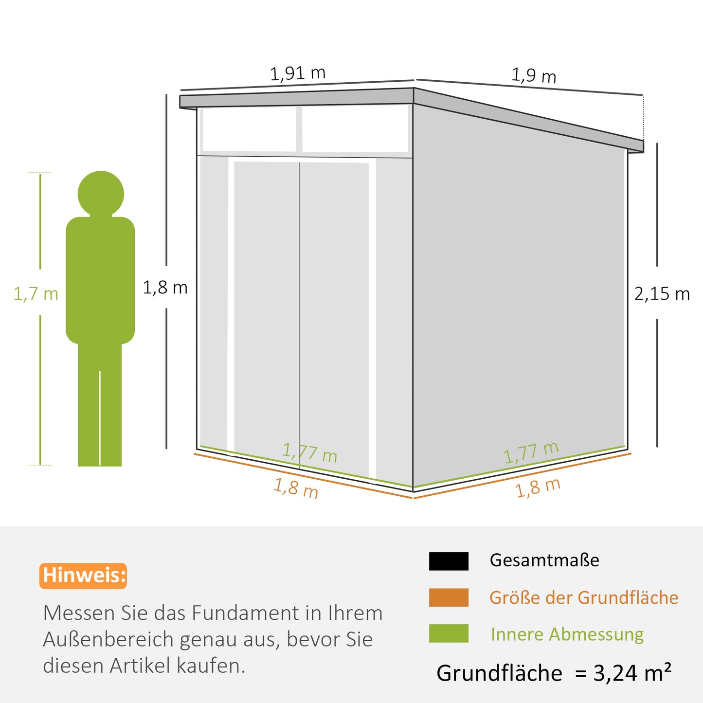 Outsunny 1,9 x 1,9 m tuinhuis, gereedschapsschuur van kunststof, afsluitbare deuren, 2 ventilatieopeningen, lichtgrijs