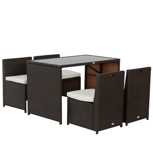 Outsunny 5-delige polyrotan tuinmeubelset, weerbestendig balkonmeubilair voor 4 personen, tuinmeubilair met tafel, 4 stoelen, kussens, loungeset, eetset, zitgroep voor balkon, tuin, bruin+khaki