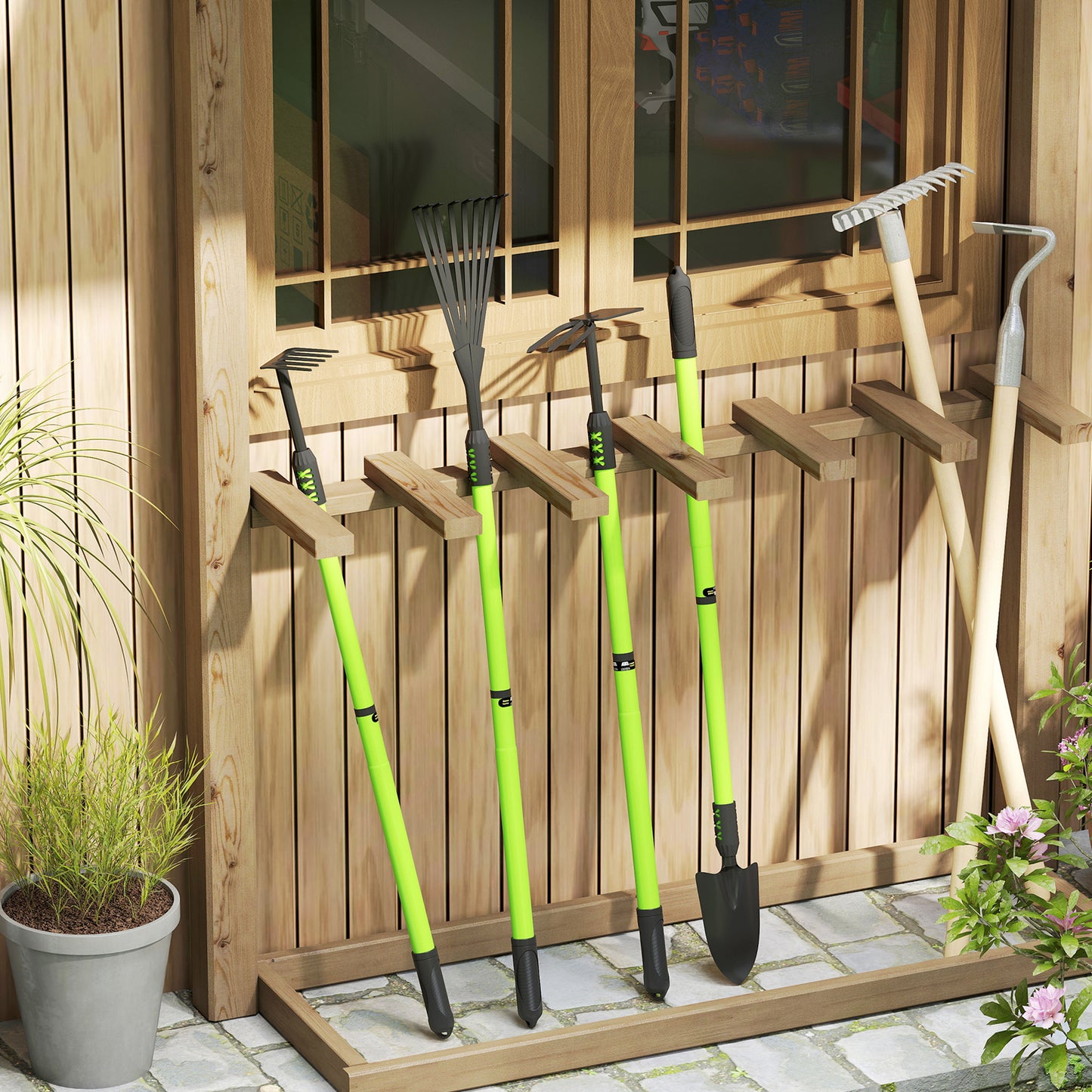 Outsunny Tuingereedschapset, 4-delig, Tuingereedschapset met schep, tuinschoffel, tuinhark, bladhark, groen
