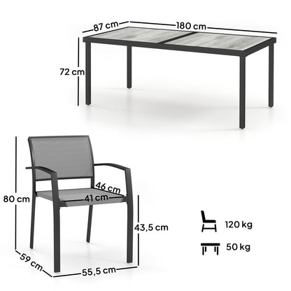 Outsunny 7-delige eetkamerset, 6 stoelen, 1 tafel, stapelbaar, gemakkelijk schoon te maken, stalen frame, tuinmeubelset, grijs