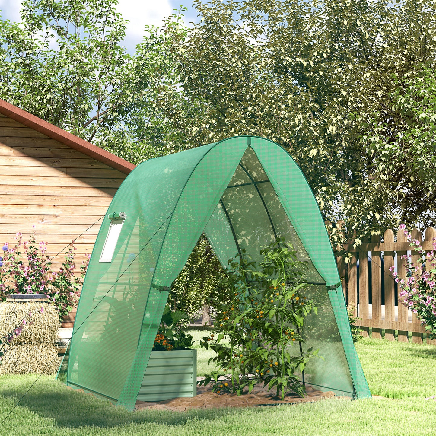 Outsunny boogkas met zandzakken en plastic afdekking, 2 roldeuren, gaasramen, draagbaar, 1,8 x 1,8 x 2 m, groen