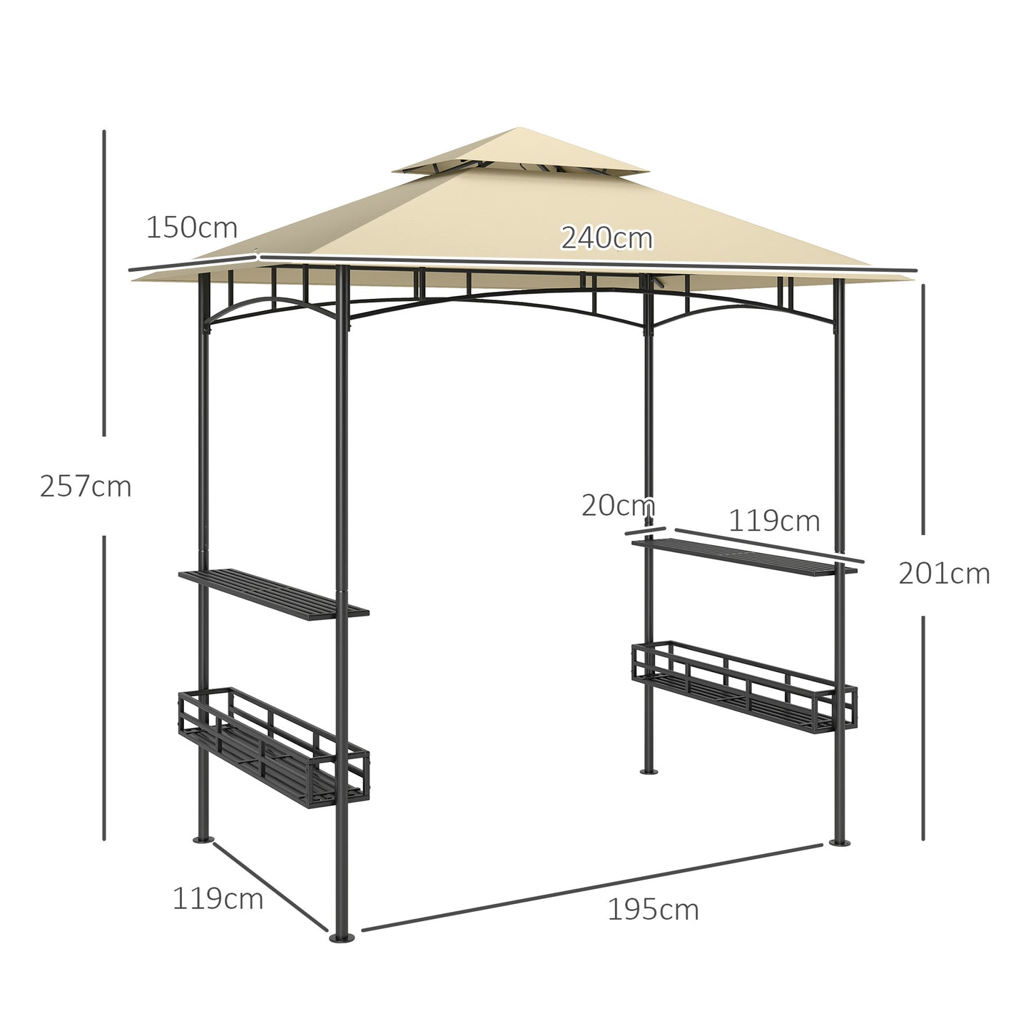 Outsunny Grilltent, BBQ-tent, tuinpaviljoen met 2 planken, opbergmanden, haken, voor terras, beige
