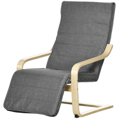 HOMCOM accentstoel, relaxfauteuil met verstelbare voetensteun, berkenhouten frame, tot 120 kg, 66,5 x 94 x 100 cm, grijs