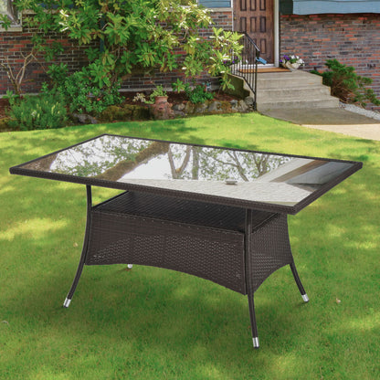 Outsunny Tuintafel, Glazen Tafel, Eettafel, Tuinmeubeltafel, Polyrotan + Veiligheidsglas, Bruin + Zwart, 150x85x74cm