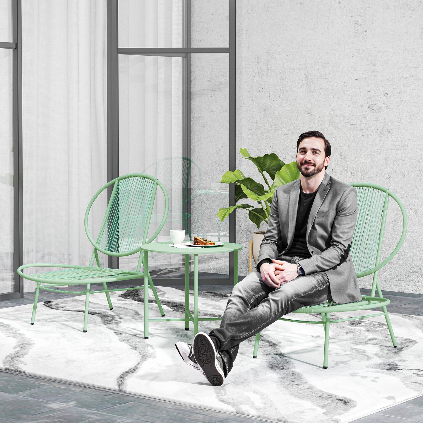 Outsunny Bistroset, 3-delige, weerbestendige polyrotan tuinmeubelset met bistrotafel en schelpvormige tuinstoelen, groen