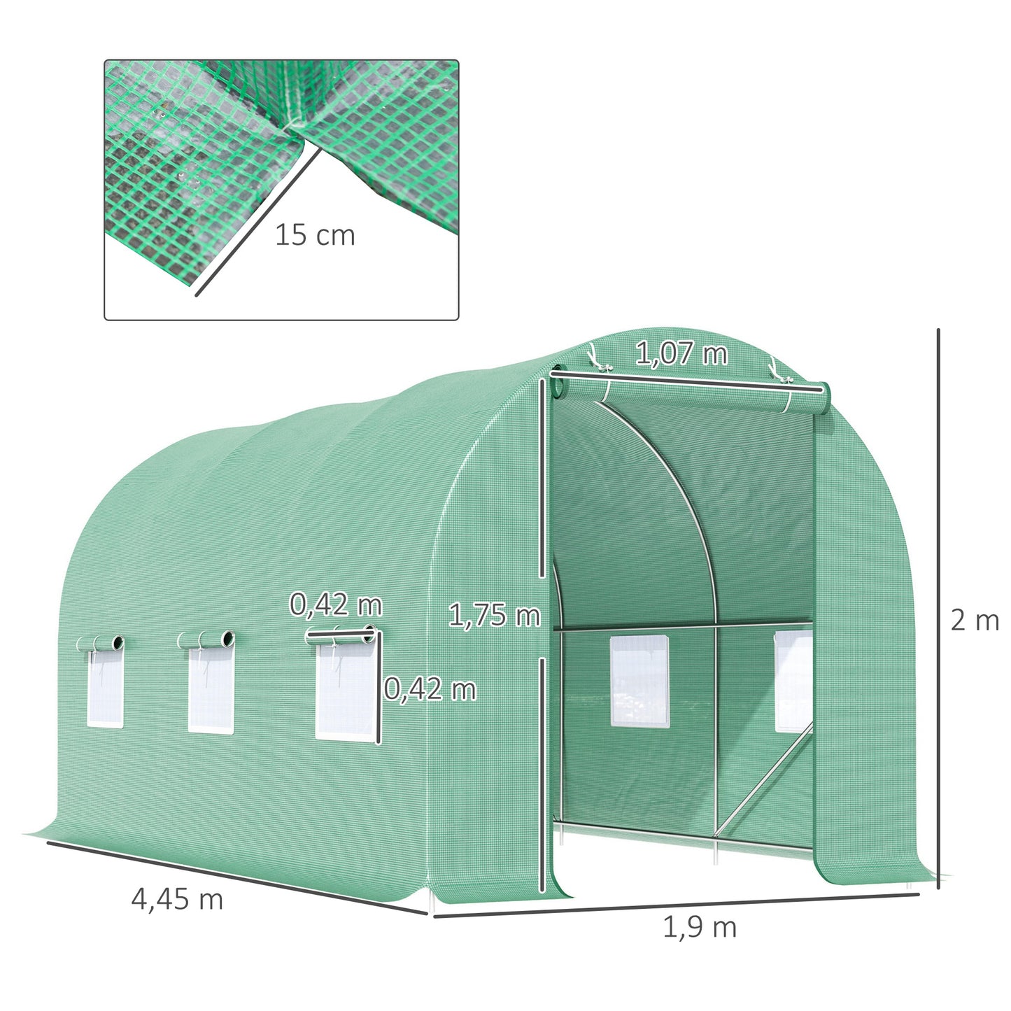 Outsunny Kas 445x190x200cm, Polytunnel Tomatenkas, Deur met Muggennet, Raam, Polytunnel van Gegalvaniseerd Staal, Stevige Planttunnel, Kas incl. Grondankers en Touwen, Groen