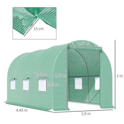 Outsunny Kas 445x190x200cm, Polytunnel Tomatenkas, Deur met Muggennet, Raam, Polytunnel van Gegalvaniseerd Staal, Stevige Planttunnel, Kas incl. Grondankers en Touwen, Groen