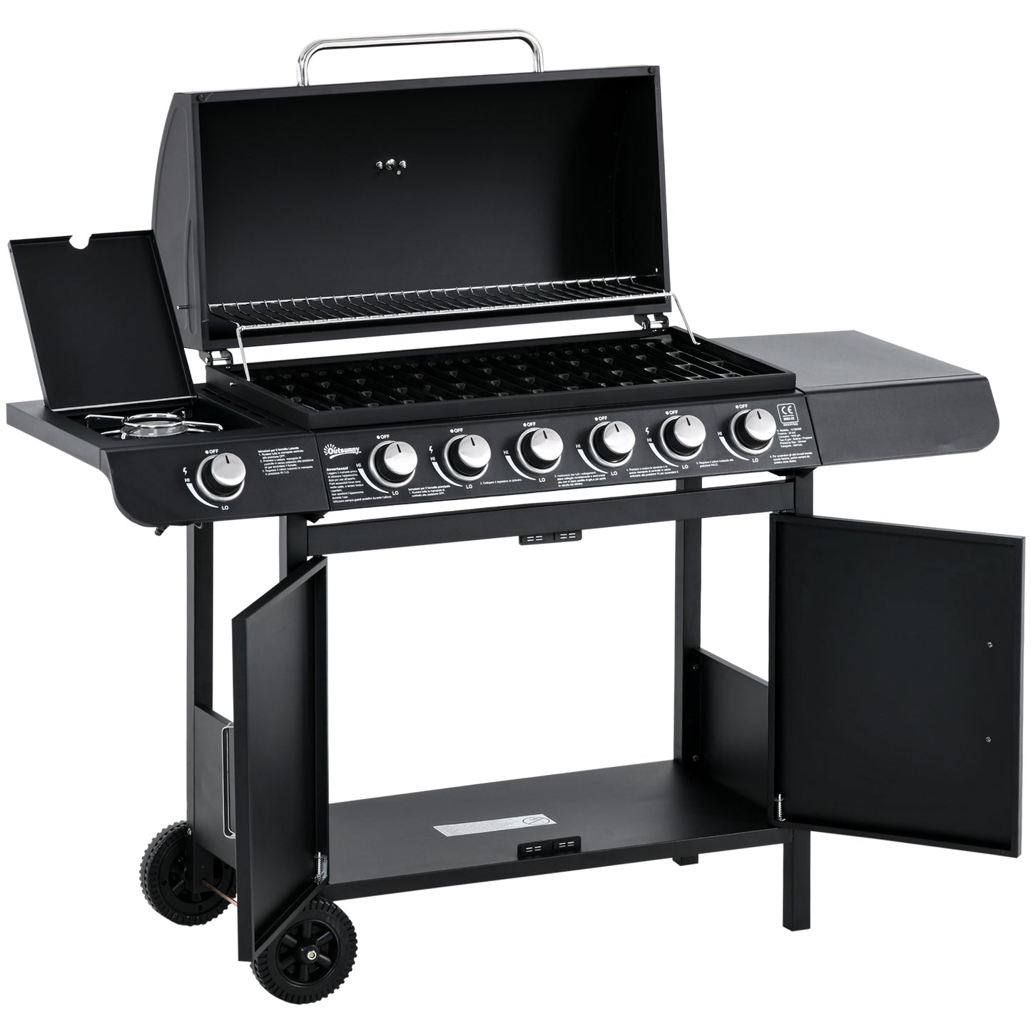 Outsunny 7-pits gasgrill, inclusief thermometer, BBQ-grill, draagbare grill, zwart