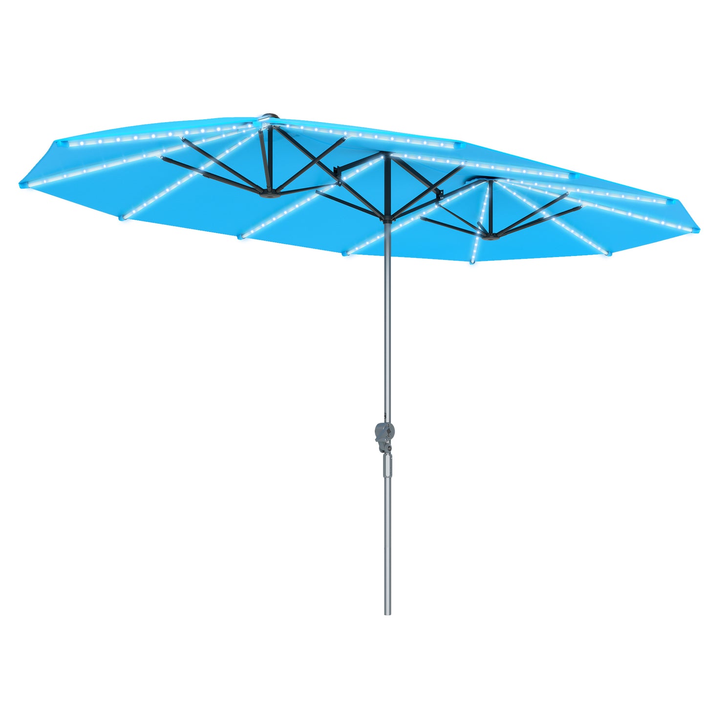 Outsunny dubbele parasol met solarlampen, aluminium, polyester, UPF50+ bescherming, UV-bestendig, terrasparasol, blauw