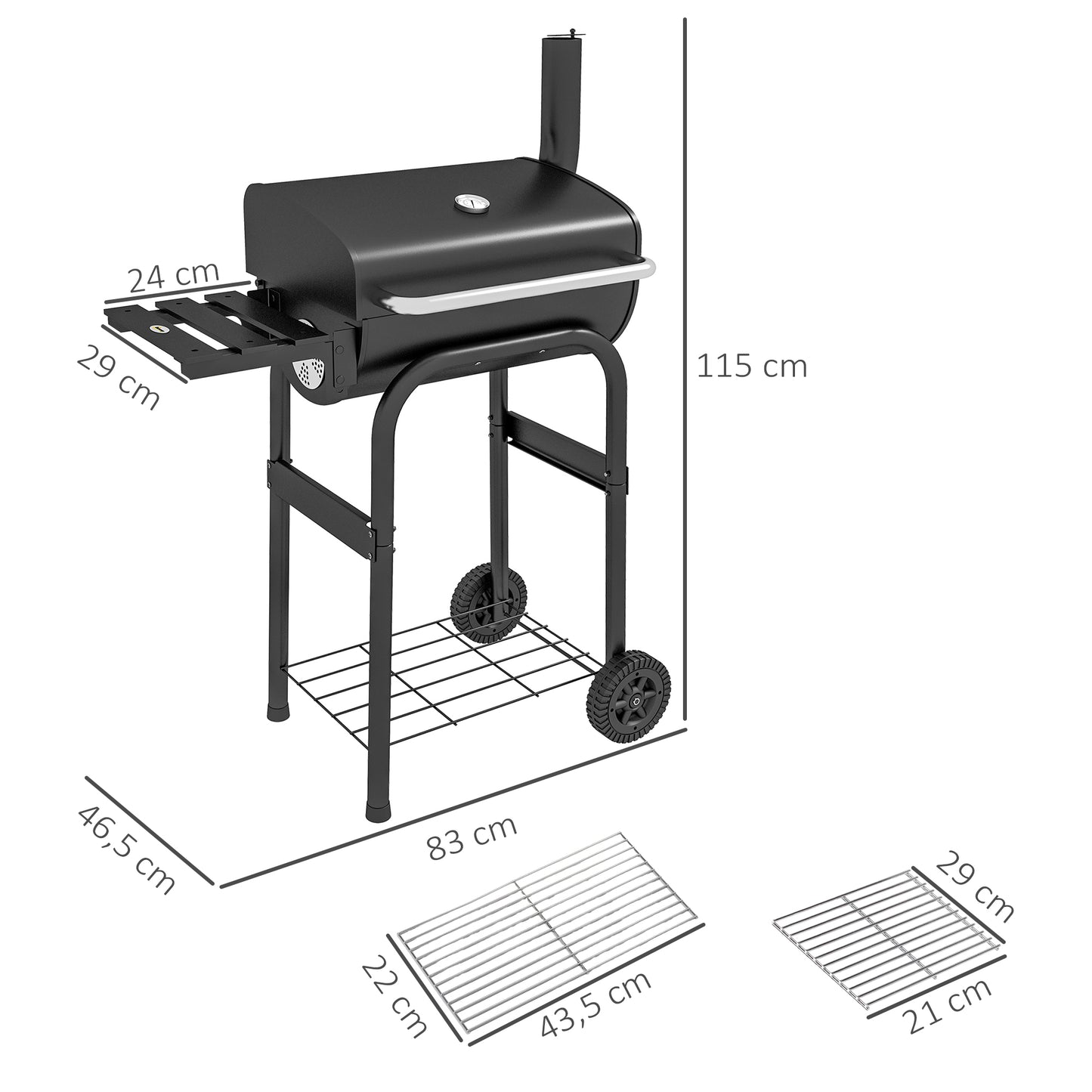 Outsunny Houtskoolgrill Smoker BBQ Grill, 1 Plank, incl. Thermometer, 83 x 46,5 x 115 cm, Zwart