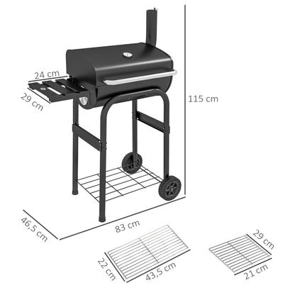 Outsunny Houtskoolgrill Smoker BBQ Grill, 1 Plank, incl. Thermometer, 83 x 46,5 x 115 cm, Zwart