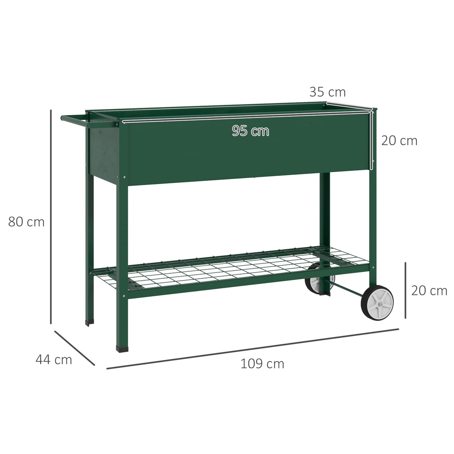 Outsunny Verhoogd Tuinbed, Plantenbak, 1 Plank, 2 Wielen, 109 cm x 44 cm x 80 cm, Groen