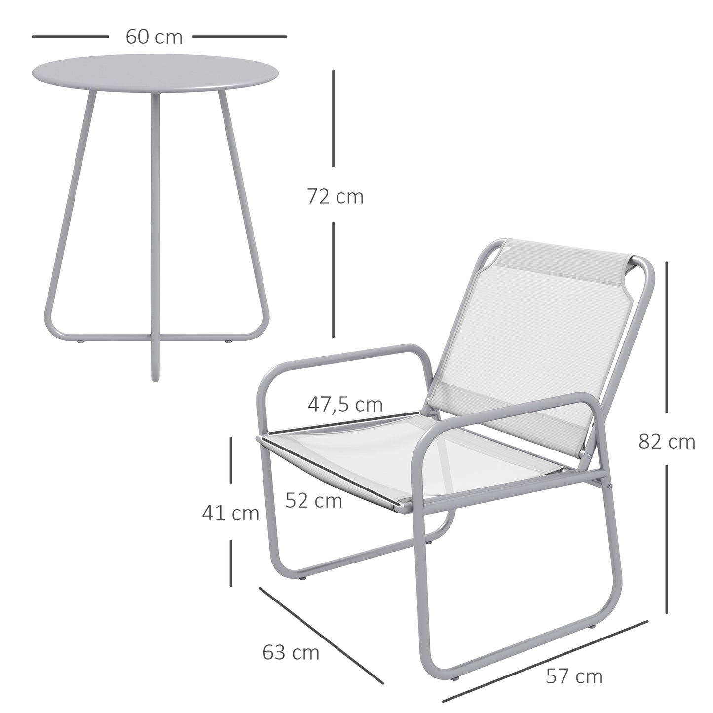 Outsunny 3-delige tuinmeubelset, 2 stoelen met ademende stoffen bekleding, 1 ronde tafel Ø60 cm, lichtgrijs