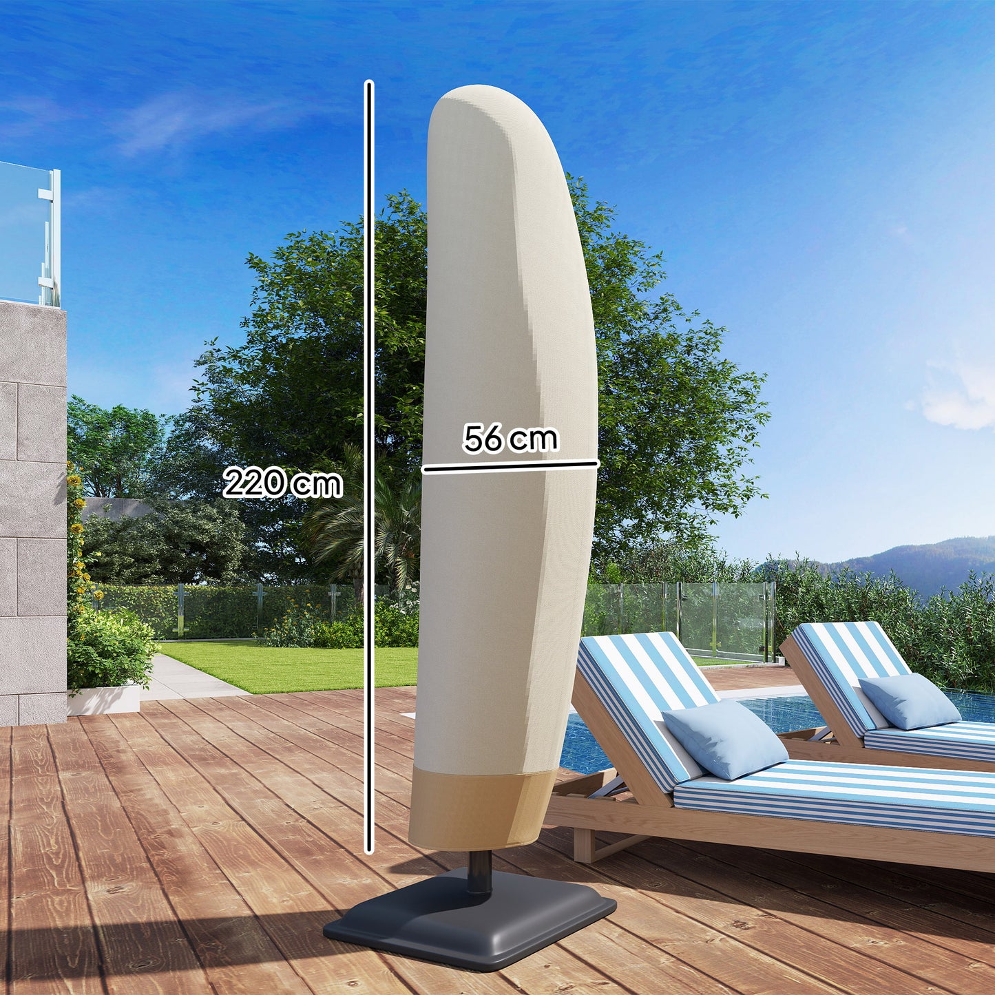 Outsunny Parasolhoes voor Ø 400 cm, waterdicht, weerbestendig, met stok, ritssluiting, trekkoord, Oxford-stof, uv-bestendige zweefparasolhoes, 220 × 56 cm, beige